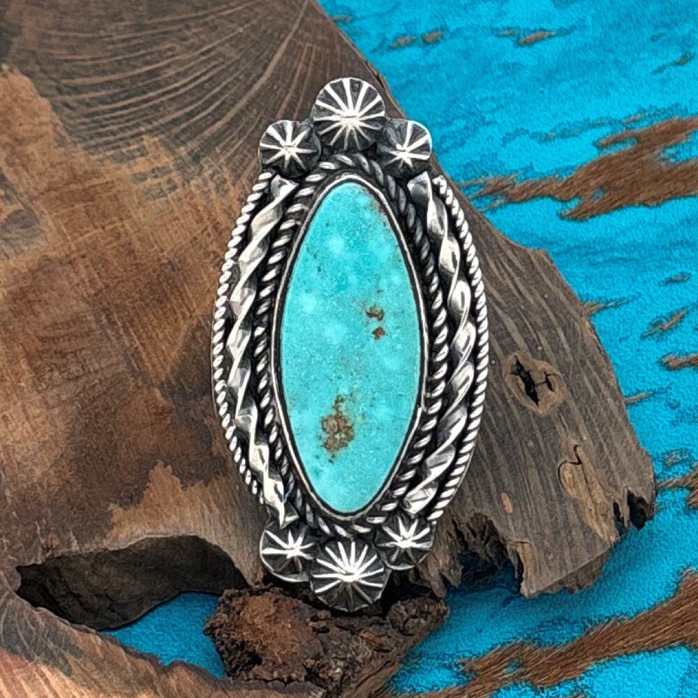 ROSELLA PAXTON Apache Sterling Silver & Turquoise Oval Ring Starshots Size 9